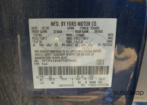 2007 Ford F-150 Fx4/Lariat/Xl/Xlt из США, поврежденный, VIN 1FTPX14V97FB79443